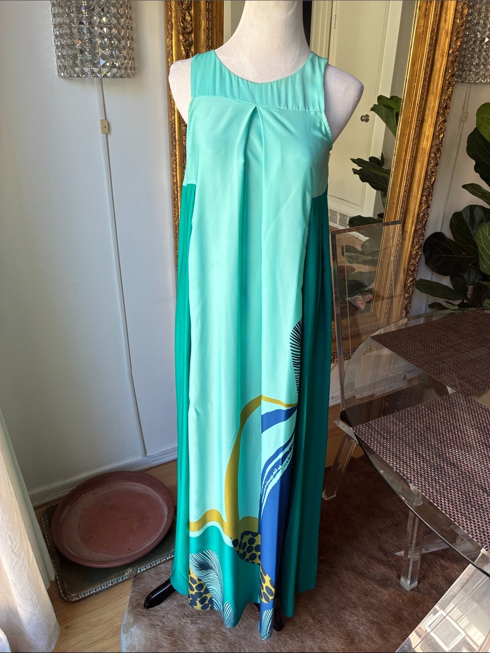 H&M Mint and Teal Sleeveless Maxi Dress with Graphic Hem size 4